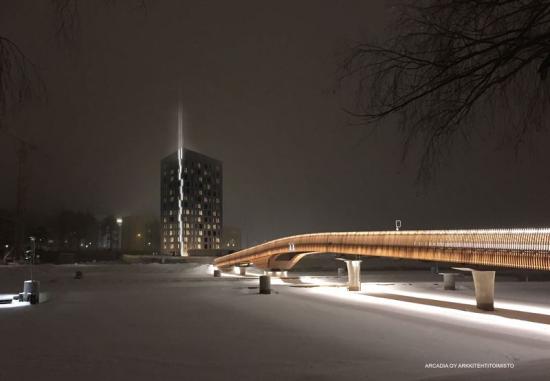 Nattlig visionsbild över hur Light House Joensuu, Finlands högsta träbyggnad, kommer att se ut.