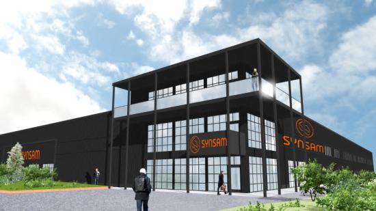 Nu är det klart att Synsams fabrik- och innovationscenter uppförs i &Ouml;stersund med cirka 200 nya arbetstillfällen. Skissbild på byggnaden.