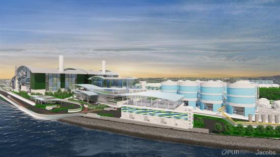 Visionsbild över Tuas vattenreningsverk, som kommer ha en behandlingskapacitet på 800 000 kubikmeter per dag och säkerställa Singapores vattenförsörjning genom rening av avloppsvatten.