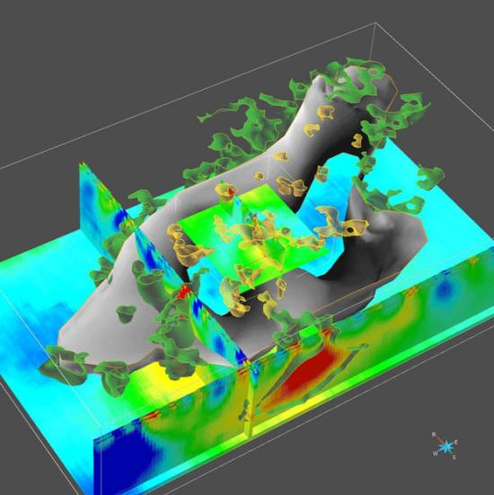 Utsnitt 3D-densitetsmodell , baserad på tyngdkraftsdata från Falu gruvområde.