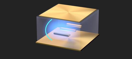 Genom att placera guldnanostavar med särskilda optiska egenskaper mellan två tättsittande guldnanospeglar har forskarna lyckats kontrollera superstark koppling mellan ljus och materia i vanlig rumstemperatur. Upptäckten öppnar för ny forskning och banar väg för till exempel nanomaskiner, ljusstyrd teknik och kvantteknologi (bilden är en illustration).