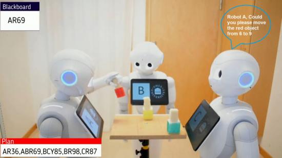 Experimentell uppställning av samarbetande Pepper-robotar som flyttar objekt medan de förklarar sina egna och andras handlingar.