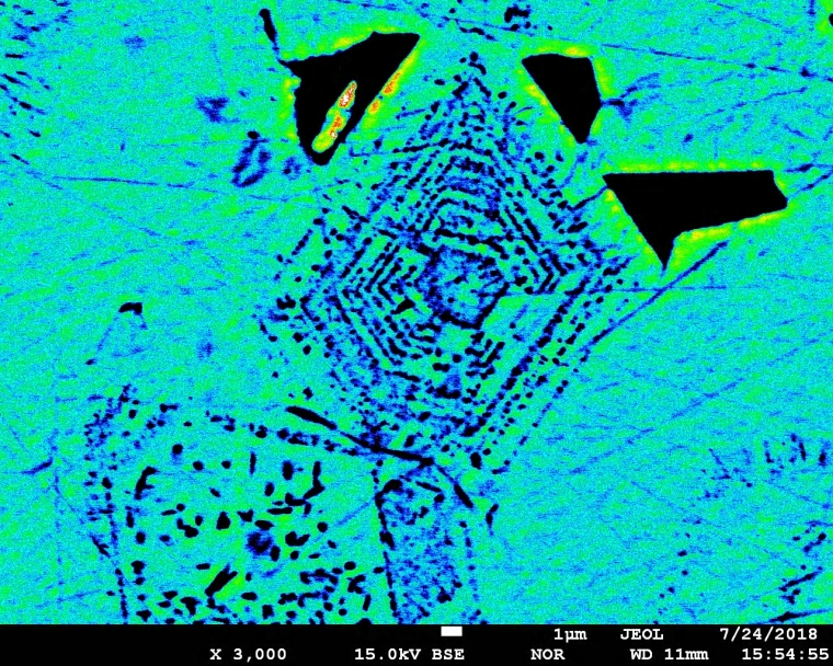 Färgad elektronmikroskopbild av en kemiskt zonerad magnetitkristall från den vulkaniska apatitjärnmalmen El Laco i chilenska Anderna.