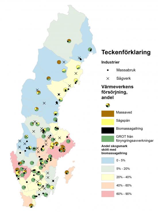 Geografisk presentation av försörjningsandel till värmeverk samt andel av skogsmarken som skötts med biomassagallring, för ett scenario med korridorgallring och dagens skogsmaskinteknik.