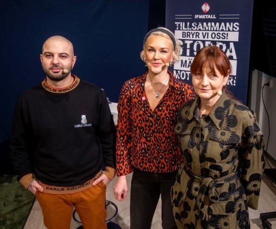 Shahab Ahmadian, ordförande Organisationen M&Auml;N, Olga Persson, ordförande Unizon, och Marie Nilsson, förbundsordförande för IF Metall. Foto: Stefan Jerrevång.