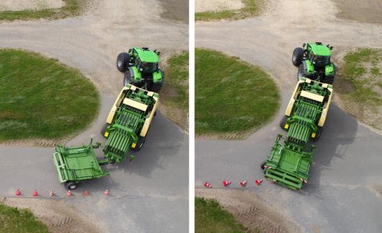 I transportposition fälls sidorna in mot balbordet för att reducera transportbredden till under 3 m. Balsamlaren bogseras som ett andra släp bakom BiG Pack-pressen, vilket är en klar fördel när man kör på smala vägar eller genom trånga infarter. BaleCollect är kompatibel med alla BiG Pack-modeller.