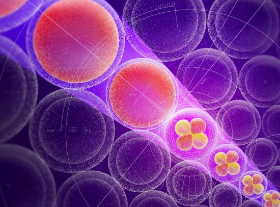 Illustration som visar hur kaliumatomers grundläggande egenskaper som radie, energi och elektronegativitet förändras när de komprimeras av omgivande neonatomer.