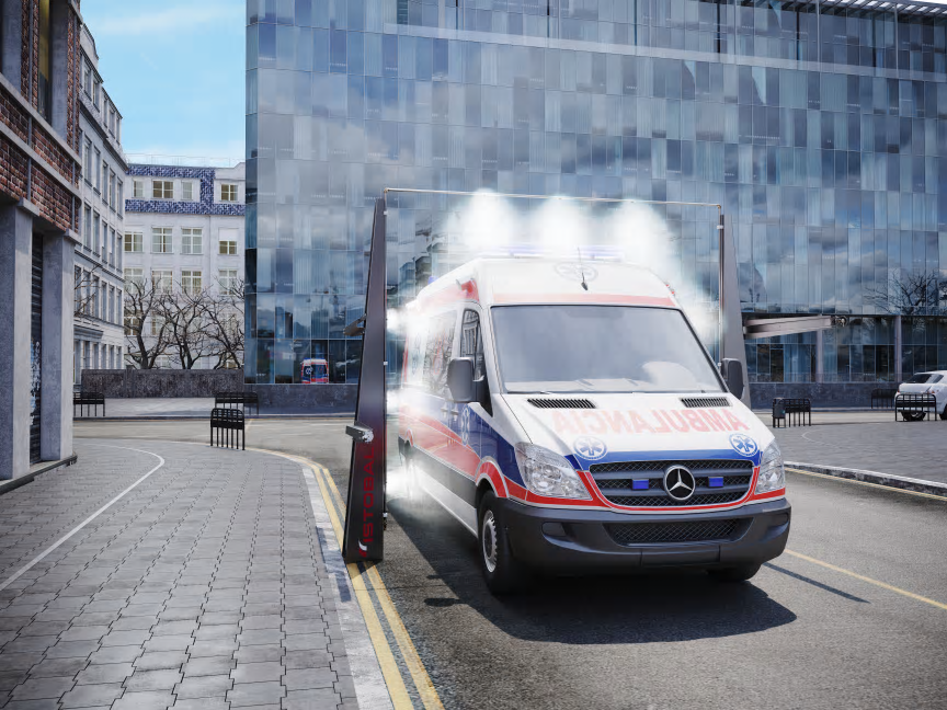 Desinfektionsbåge för ambulans (bilden är en illustration).