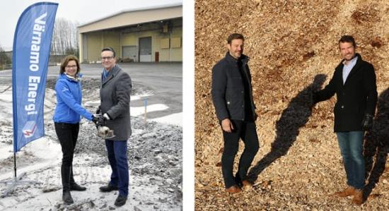Malin Classon, Värnamo Energi och Pierre Bruce, DS Smith tar första spadtaget. Conny Björk och Sami Simola från DS Smith jobbar med projektet.