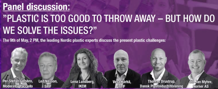 Deltagare från vänster: moderator Per-Stefan Gersbro, Paccedo; Leif Nilsson, SPIF; Lena Lundberg, IKEM, Thomas Drustrup, Dansk Plastindustriförening; Ole Jan Myhre, Norner AS och Vesa Kärhä , FPIF.