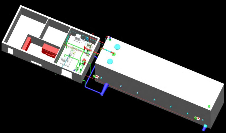 3D-skiss över läkemedelsreningsanläggningen som tagits fram av Tekniska verken, Suez och Malmberg.