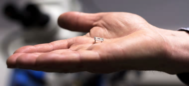 Nanotrådarna sitter på ett halvledarmaterial (den svarta rutan) som fästs på en chiphållare (den vita plattan). Nanotrådens diameter är en tusendel av diametern på ett hårstrå.