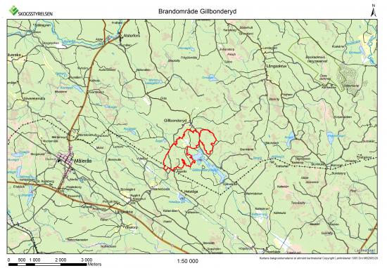 &Ouml;versiktskarta över brandområdet i Gillbonderyd utanför Målerås.