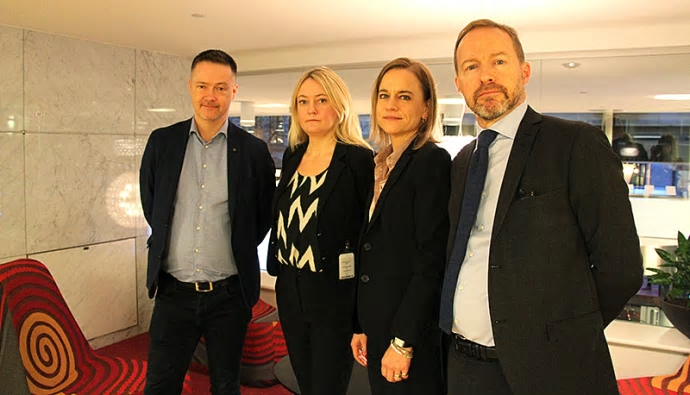 Per-Olof Sjöö, ordförande i GS-facket, Madelene Engman, avtalssekreterare i GS-facket, Eva Glückman, förhandlingschef på TMF, samt David Johnsson, vd på TMF.