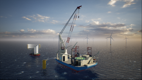 Illustrationsbild av fartyg som installerar vindkraftverk. Ett samarbete där Steeprop är leverantör av propellersystem.
