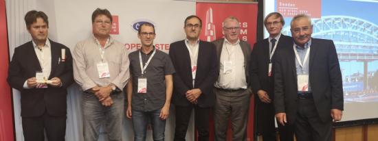 Från vänster: Peter Collin, Ramboll, Markku Virtulainen, Skanska, Markus Glaas, Skanska, Ibrahim Coric, Trafikverket, Tore Lundmark, Ramboll, Antonin Paces, ECCS och Pavel Ryjacek, Czech Constructional Steelwork Association.