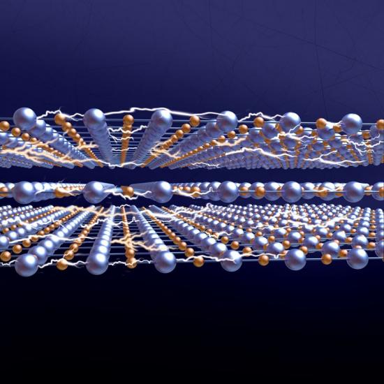 En illustrationen som visar kopparoxid-panelerna i materialet yttriumbariumkopparoxid (YBCO) när de är i ”strange metal”-fasen. Den starka interaktionen mellan elektroner, kvantsammanflätningen, är illustrerad som ljusblixtar.