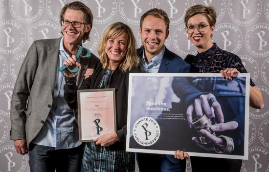 Vinnare av Svenska Publishingpriset. Fr v: Mats Janson, Susanne Flodin, Martin Skyborn, Marie Fernström