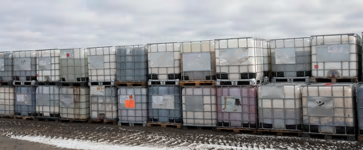 Så kallade IBC-behållare med farligt avfall.